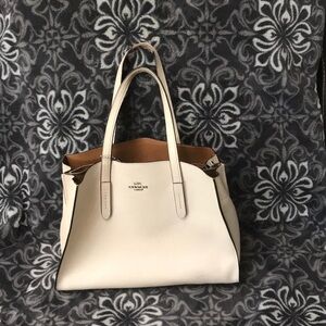 Coach White and Brown Leather Tote Bag with Gold Hardware